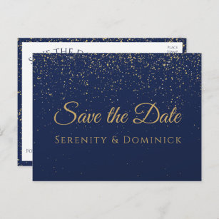 Wedding Engagement Gold Navy Blue Save The Date Postcard