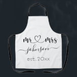 Wedding Engagement Heart Mr Mrs Personalised Name Apron<br><div class="desc">Mr. and Mrs. personalised last name or surname with cute girly heart cooking apron with customised name and established date which makes a personalised and special gift for a wedding,  anniversary,  Christmas or engagement gift.</div>