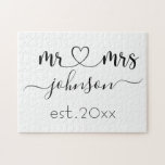 Wedding Engagement Heart Mr Mrs Personalised Name Jigsaw Puzzle<br><div class="desc">Mr. and Mrs. personalised last name or surname with cute girly heart puzzle with customised name and established date which makes a personalised and special gift for a wedding,  anniversary,  Christmas or engagement gift.</div>