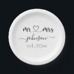 Wedding Engagement Heart Mr Mrs Personalised Name Paper Plate<br><div class="desc">Mr. and Mrs. personalised last name or surname with cute girly heart paper plate with customised name and established date which makes a personalised and special gift for a wedding, anniversary, Christmas or engagement gift.</div>