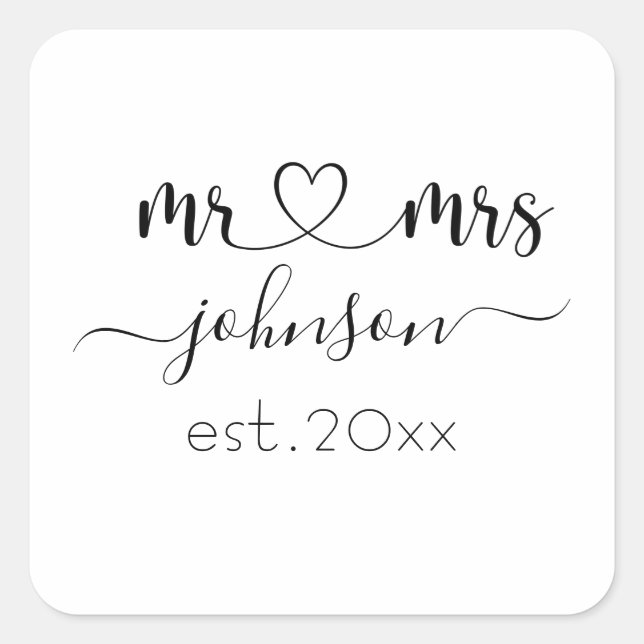 Wedding Engagement Heart Mr Mrs Personalised Name  Square Sticker (Front)