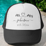 Wedding Engagement Heart Mr Mrs Personalised Name Trucker Hat<br><div class="desc">Mr. and Mrs. personalised last name or surname with cute girly heart trucker hat with customised name and established date which makes a personalised and special gift for a wedding,  anniversary,  Christmas or engagement gift.</div>