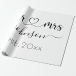 Wedding Engagement Heart Mr Mrs Personalised Name Wrapping Paper<br><div class="desc">Mr. and Mrs. personalised last name or surname with cute girly heart wrapping paper with customised name and established date which makes a personalised and special gift for a wedding,  anniversary,  Christmas or engagement gift.</div>