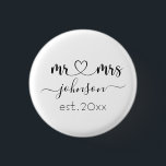 Wedding Engagement Heart Mr Mrs Personalized Name  3 Cm Round Badge<br><div class="desc">Mr. and Mrs. personalized last name or surname with cute girly heart button with customized name and established date which makes a personalized and special gift for a wedding,  anniversary,  Christmas or engagement gift.</div>