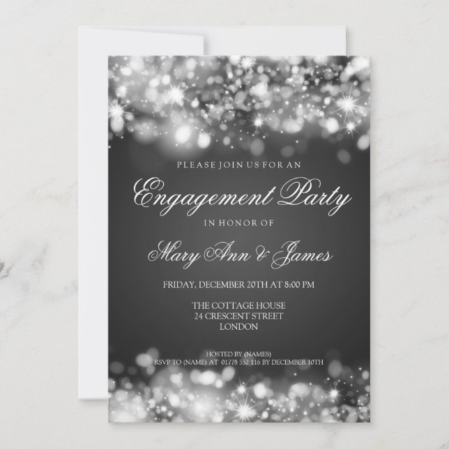 Wedding Engagement Party Sparkling Lights Silver Invitation (Front)