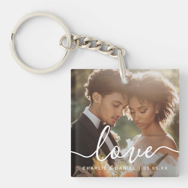 Wedding engagement photo love couples names date key ring (Front)