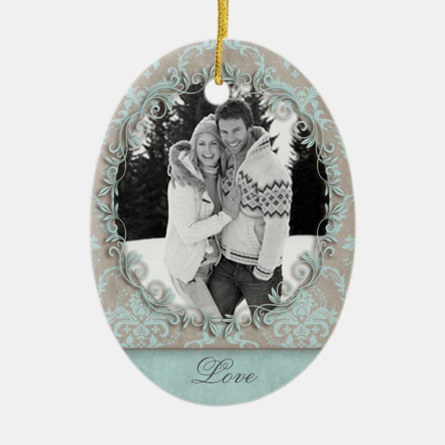Wedding Engagement Photo Picture Damask Ceramic Tree Decoration (Front)