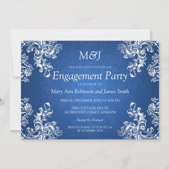 Wedding Engagement Vintage Swirls 2 Sapphire Blue Invitation (Front)