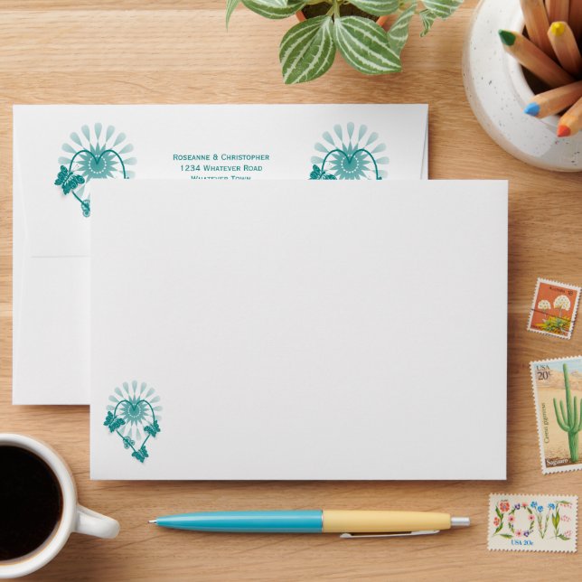 Wedding Envelope Teal Butterflies Heart (Desk)