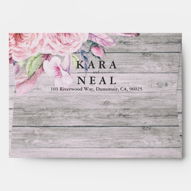 Wedding Envelope Watercolor Floral Rustic Wood (Back (Top Flap))