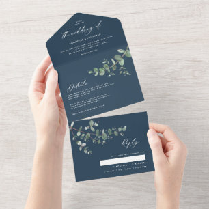 Wedding Eucalyptus botanical blue invite + rsvp