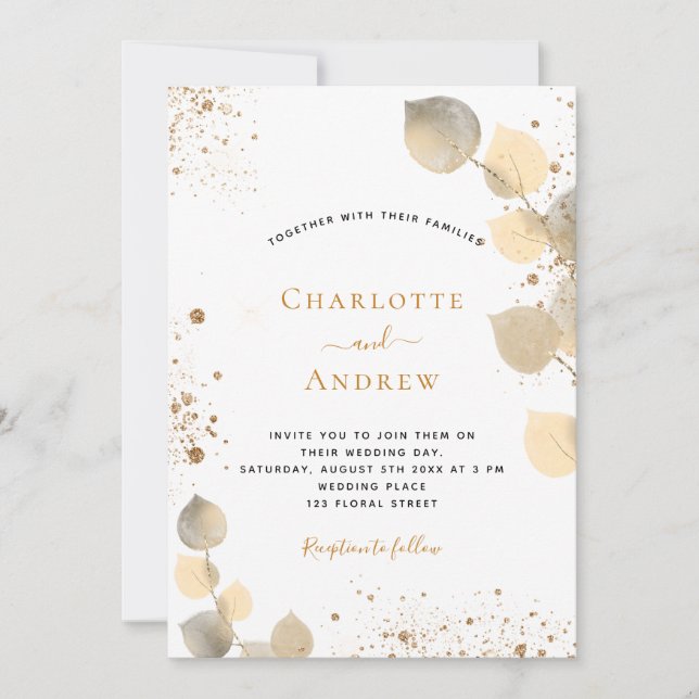 Wedding eucalyptus glitter golden foliage glitter invitation (Front)