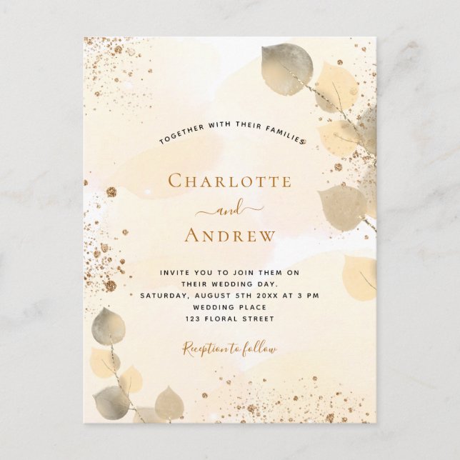 Wedding eucalyptus glitter golden foliage glitter invitation postcard (Front)