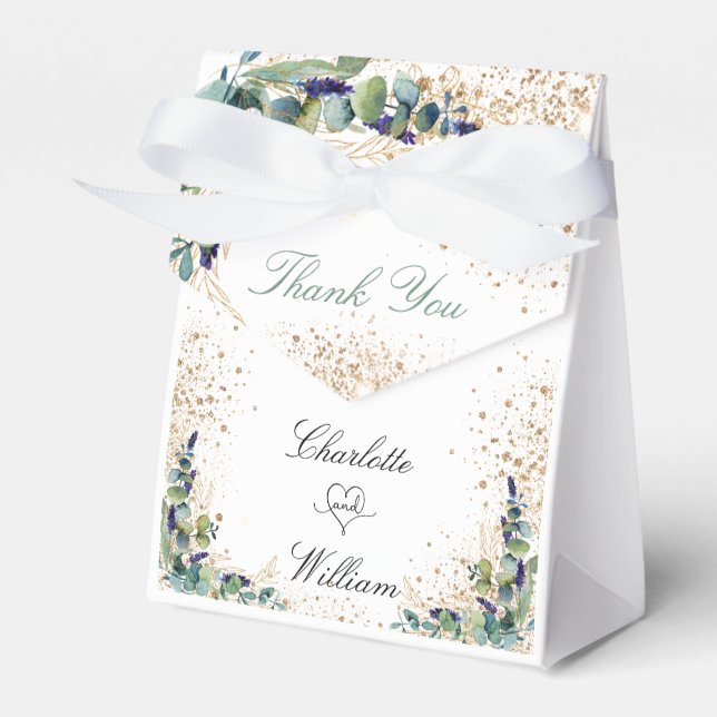 Wedding eucalyptus glitter name thank you  favour box (Front Side)