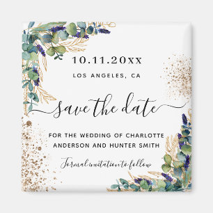Wedding eucalyptus gold glitter save the date magnet