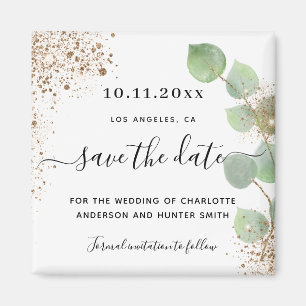 Wedding eucalyptus gold glitter save the date magnet