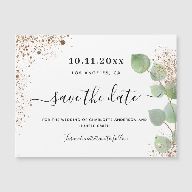 Wedding eucalyptus gold save the date magnet (Front)