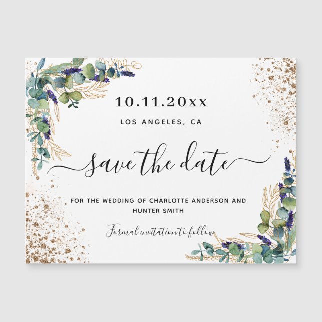 Wedding eucalyptus gold save the date magnet (Front)