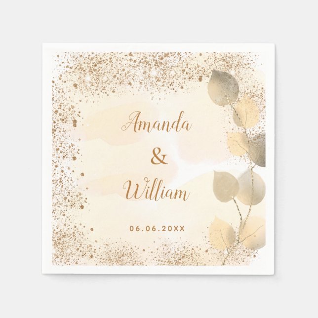 Wedding eucalyptus golden glitter monogram napkin (Front)