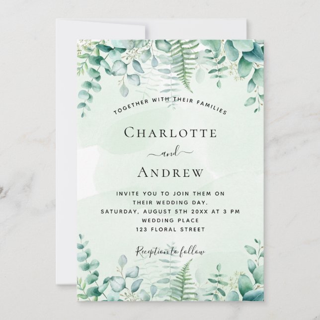 Wedding eucalyptus greenery ferns woodland invitation (Front)