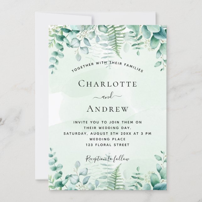 Wedding eucalyptus greenery ferns woodland invitation (Front)