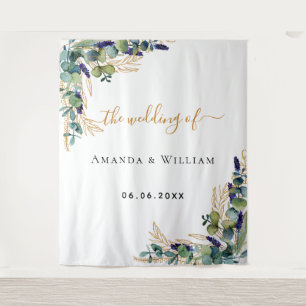Wedding eucalyptus greenery gold monogram tapestry