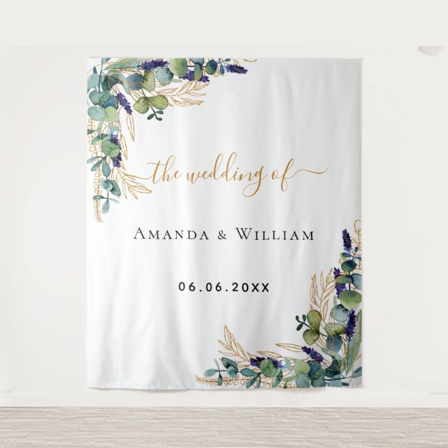 Wedding eucalyptus greenery gold monogram tapestry (Front)