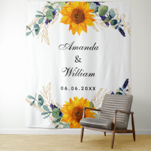 Wedding eucalyptus greenery sunflower monogram  tapestry