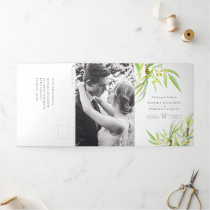 Wedding eucalyptus leaves green white all in one Tri-Fold invitation