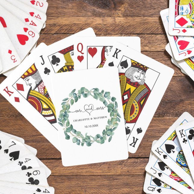 Wedding eucalyptus mr mrs heart names playing cards (Creator Uploaded)