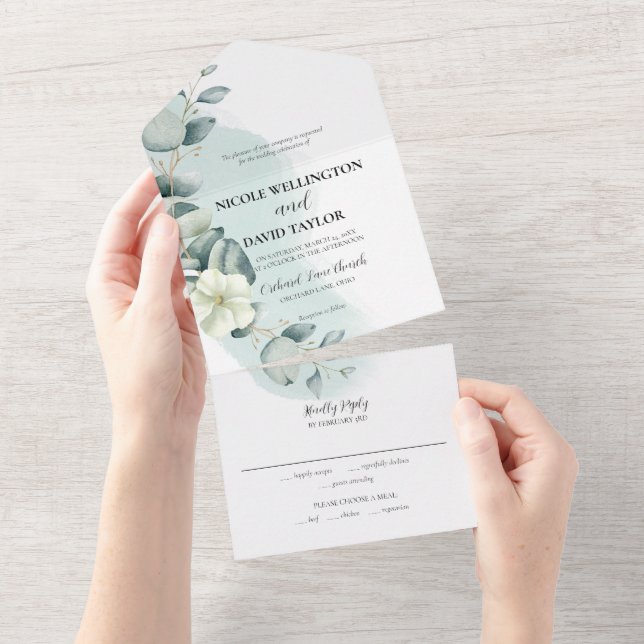 Wedding Eucalyptus Sage All in One Invitation (Tearaway)