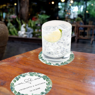 Wedding eucalyptus white mr mrs heart script round paper coaster