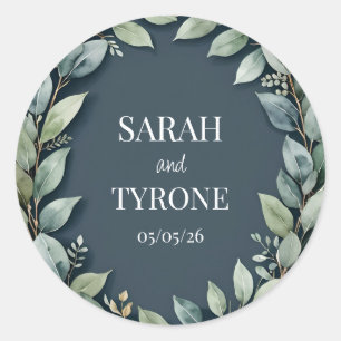 WEDDING EUCALYPTUS WREATH custom text Classic Round Sticker