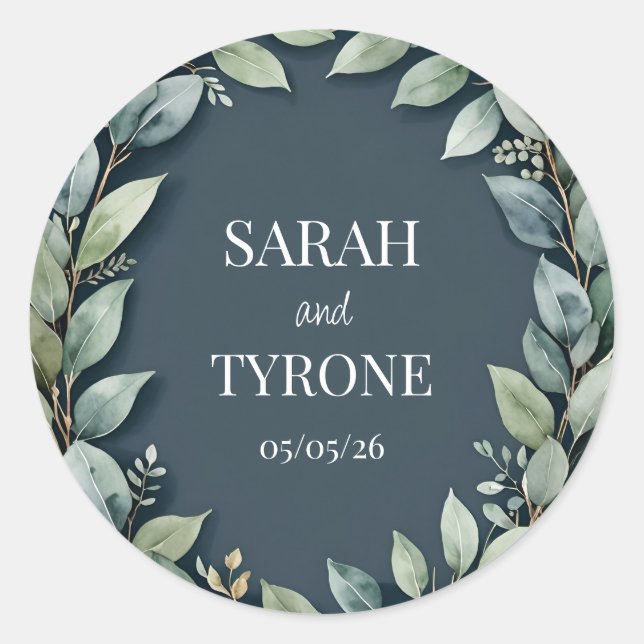 WEDDING EUCALYPTUS WREATH custom text  Classic Round Sticker (Front)
