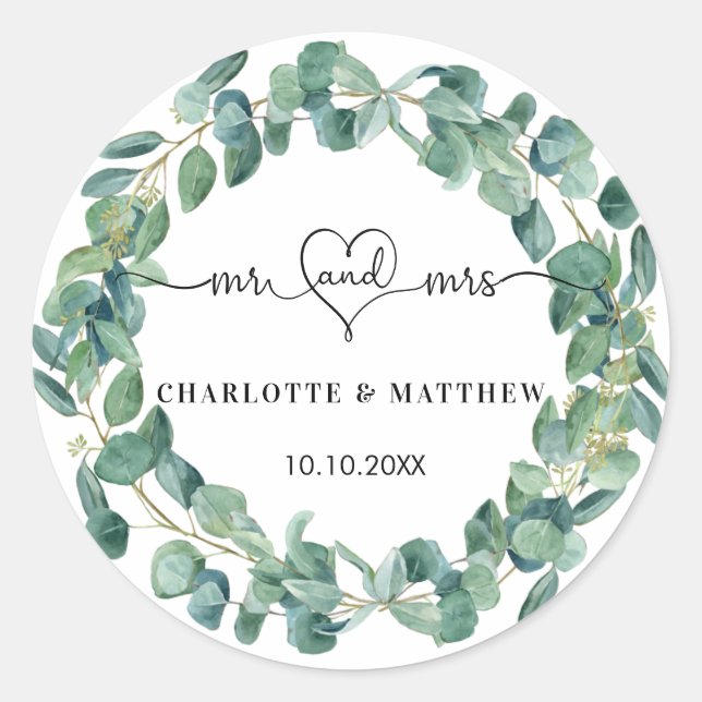 Wedding eucalyptus wreath mr mrs heart names classic round sticker (Front)