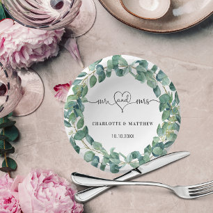 Wedding eucalyptus wreath mr mrs heart names paper plate