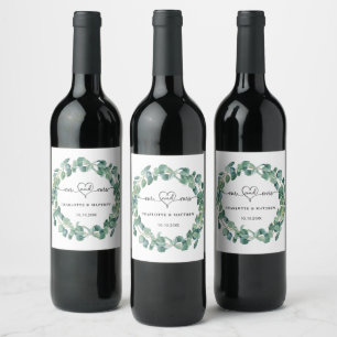 Wedding eucalyptus wreath mr mrs heart names wine label