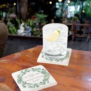 Wedding eucalyptus wreath mr mrs save the date stone coaster