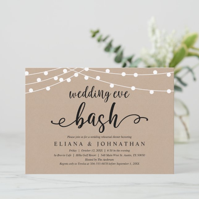 Wedding Eve Bash, Rustic Kraft Rehearsal Dinner Invitation (Standing Front)