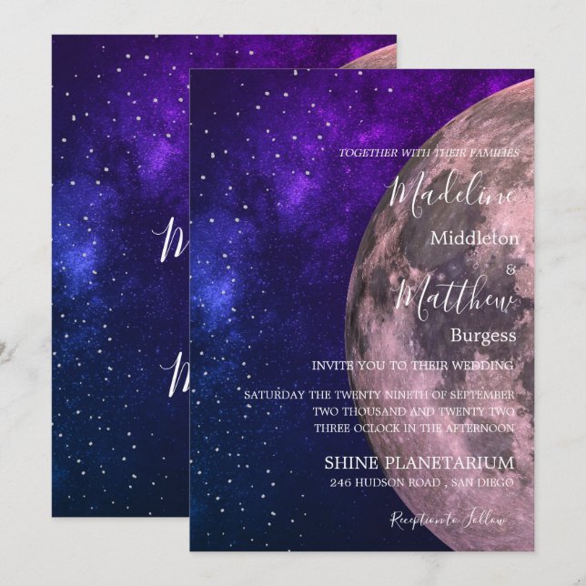 Wedding Evening Sky Moon Stars Purple Wedding Invitation (Front/Back)