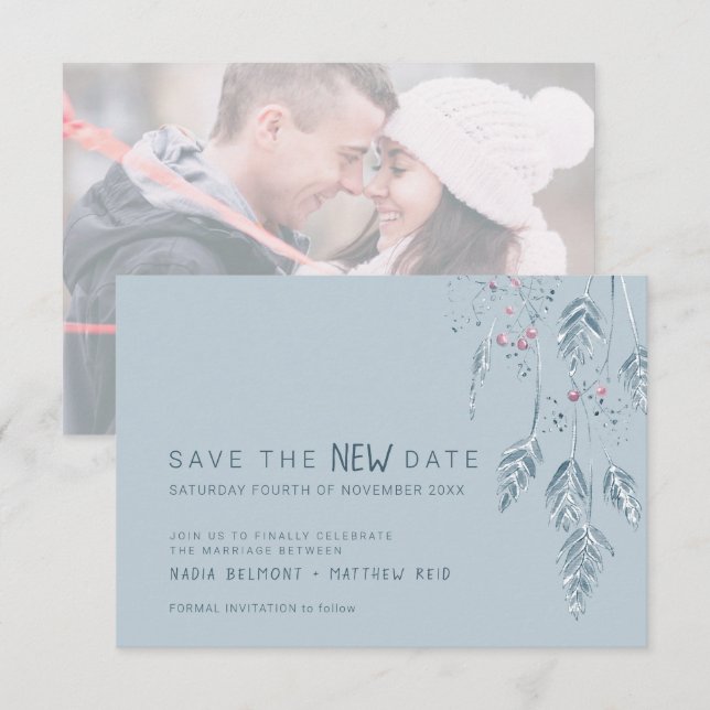 Wedding event change save the new date dusty blue (Front/Back)
