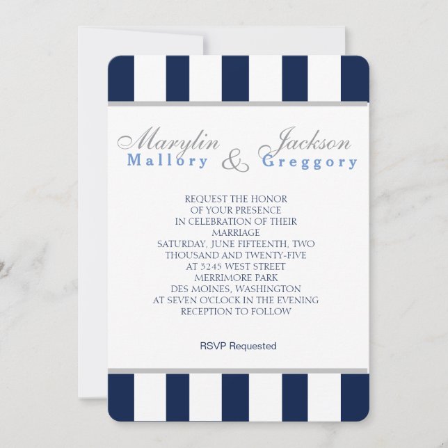 Wedding  Event Classic Navy Blue & White Stripe Invitation (Front)