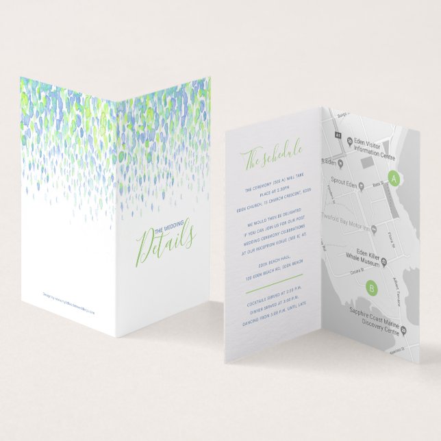 Wedding event details blue green schedule map (Inside and Outside)