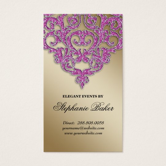 Wedding Event Planner Damask Gold Sparkle Pink V Business Card
