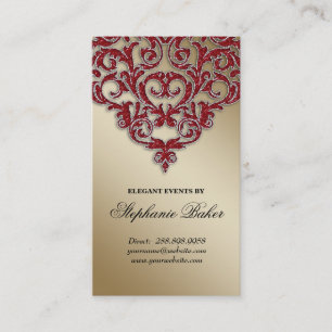 Wedding Event Planner Damask Red Sparkle Gold Business Card