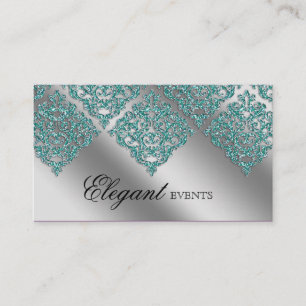 Wedding Event Planner Damask Sparkle Silver Teal Business Card