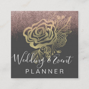 Wedding & Event Planner Faux Gold Rose and Pink Square Business Card