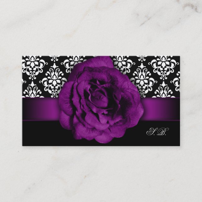 Wedding Event Planner Purple Rose Damask Business Card (Front)