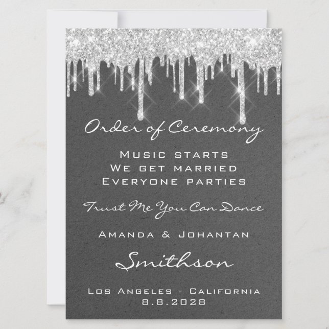 Wedding Event Program Grey Silver Drips Glitter Invitation (Front)