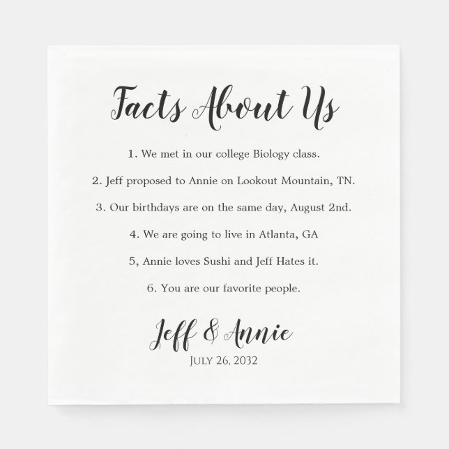 Wedding Facts About Us Custom Party Napkin (Front)